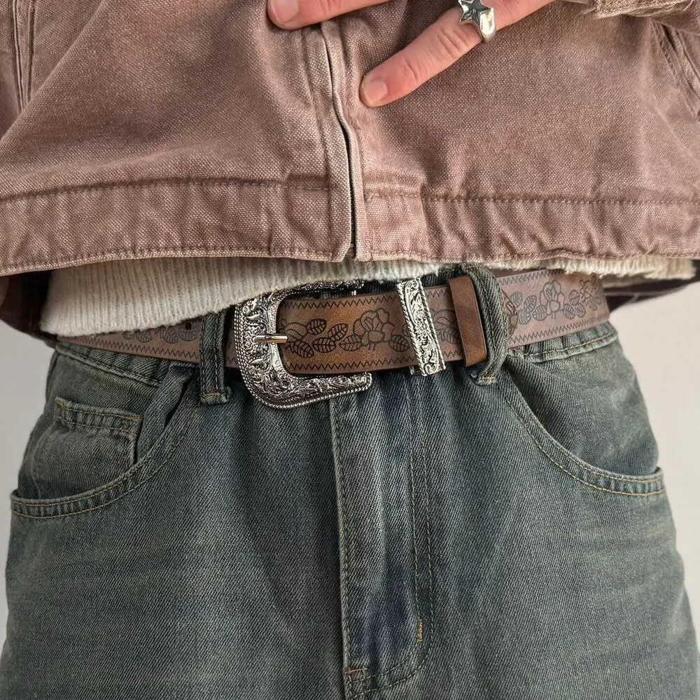 vintage style brown and silver engraved western simple design belt
